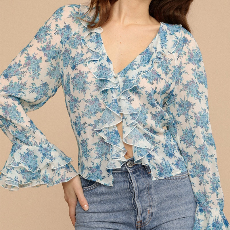 Clacive Floral Print Women's Ruffles Blouse Ladies Long Sleeve V-Neck Semi-Perspective Fresh Ladies Shirt And Tops