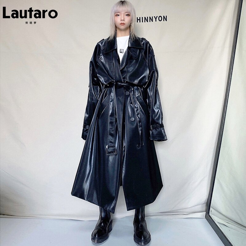 Clacive  Autumn Long Oversized Reflective Shiny Waterproof Patent Leather Trench Coat For Women Belt Loose Korean Fashion