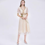 Women's  Summer Flower Embroidery Medium Long Lace Dress Female Runway Fashion High Waist Vintage Slim Dress TB668