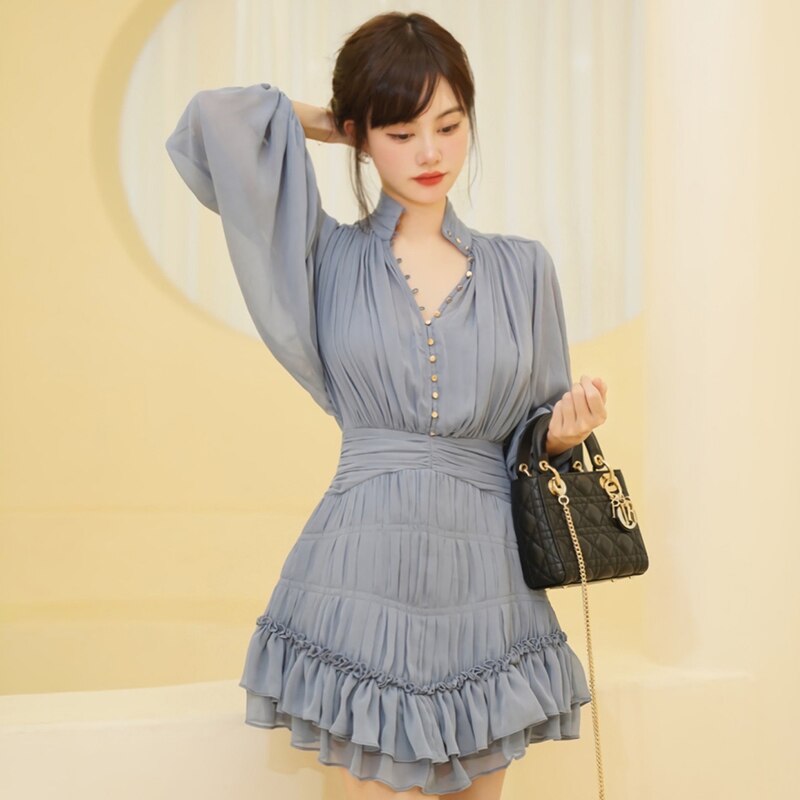 Clacive  Temperament Fold Pleated Mini Dress For Women V Neck Puff Long Sleeve High Waist Button Slim Mesh Dresses Female  Style