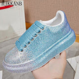 Clacive New Gradient Flashing Diamond Decoration Flat Thick Bottom Low Top Casual Shoes Female Platform Rhinestone Sneakers Female