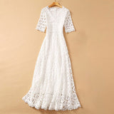 Clacive  Elegant White Maxi Dress For Women V Neck Half Sleeve High Waist Hollow Out Slim Dresses Women  Spring New Style Fashion