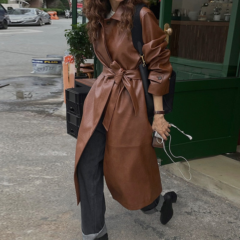 Clacive Autumn Winter Long Leather Trench Coat Women  Long Sleeve Single Breasted PU Windbreaker Vintage Faux Leather Jacket