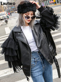 Clacive  Autumn Short Black Oversized Lace Patchwork Leather Biker Jacket Long Sleeve Loose Womans Clothing Fashionable Outerwear