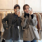 Clacive Oversize Women Thick Cotton Padded Autumn Winter Wool Plaid Blazers Belted Jackets Loose Female Casual Suit Coats  WB135