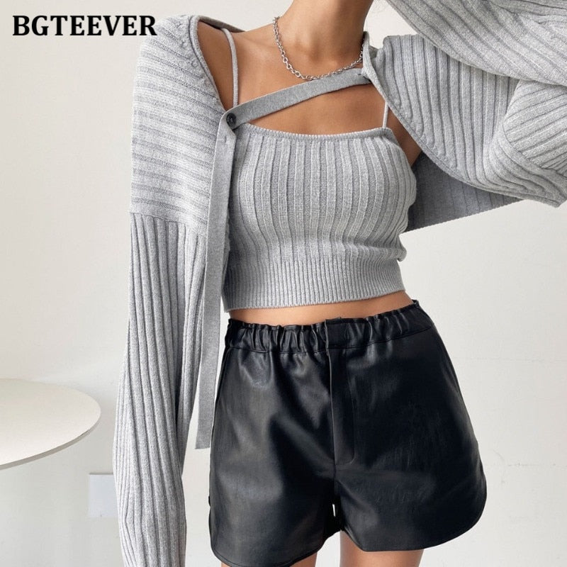 Women Knitted 2 Pieces Set Long Sleeve Cardigans & Camisoles  Autumn Women Sweaters Knitwear