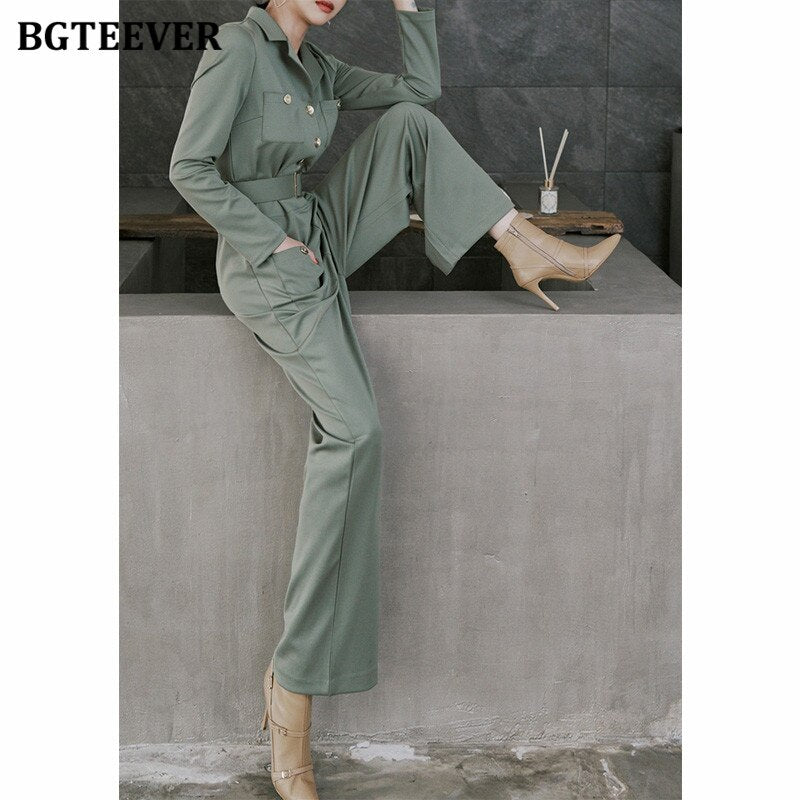 Elegant  Notched Collar Women Jumpsuits Long Sleeve Single-Breasted Belted Female Overalls  New Spring Playsuits
