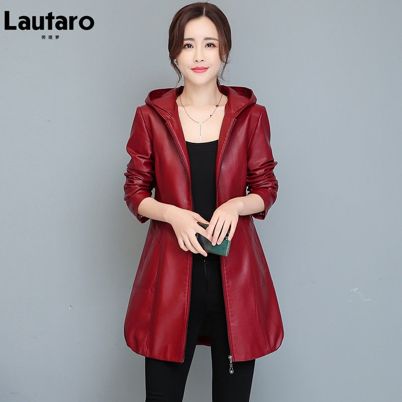Clacive  Autumn Black Wine Red Waterproof Faux Leather Jackets For Women With Hood Zipper Designer Elegant Luxury Coats Slim Fit