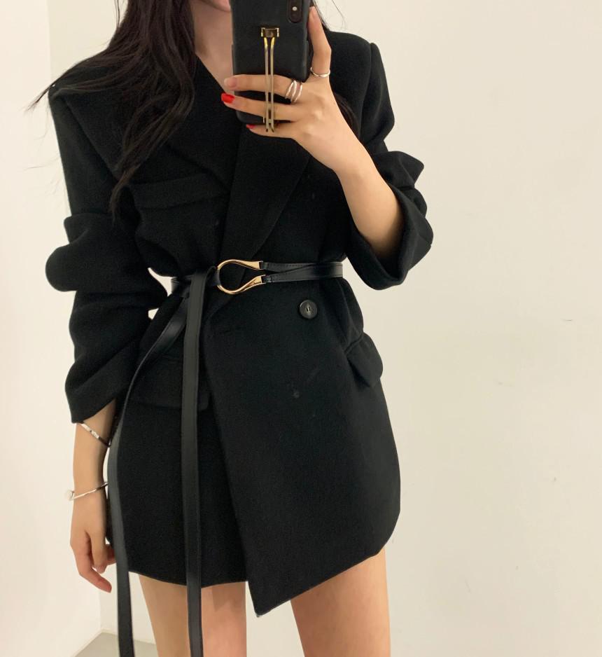 Womens Slim Woolen Coat Autumn Winter Stylish Blazer Belt Lace Up Office Lady Korean Style Outerwear Female Vintage Trend