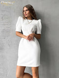 Clacive Fashion O-Neck Office Women's White Dress  Summer Short Sleeve High Waist Mini Dresses Casual Classic Female Dress