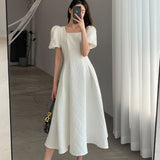 Clacive Vintage Elegant White Dress Women Summer Streetwear Square Collar Puff Sleeve Dress Party Dresses Vestidos