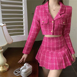 Clacive Stylish Tweed Two Piece Set Women Fashion Long Sleeve Crop Jakcet And High Waist Pleated Mini Skirts Sexy Plaid 2 Piece Suits