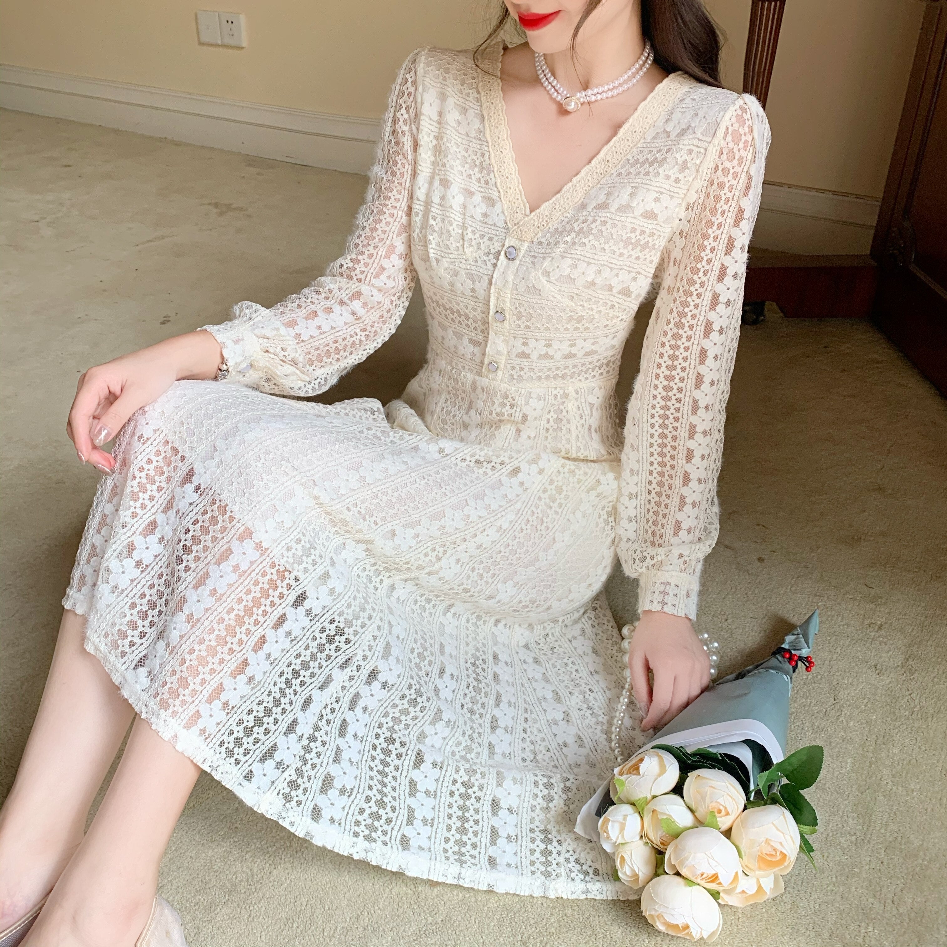 Fall outfits back to school French Fairy Elegant Dress Women Casual One-piece Dress Korean Long Sleeve V-neck Evening Party Vintage Dress Female Autumn