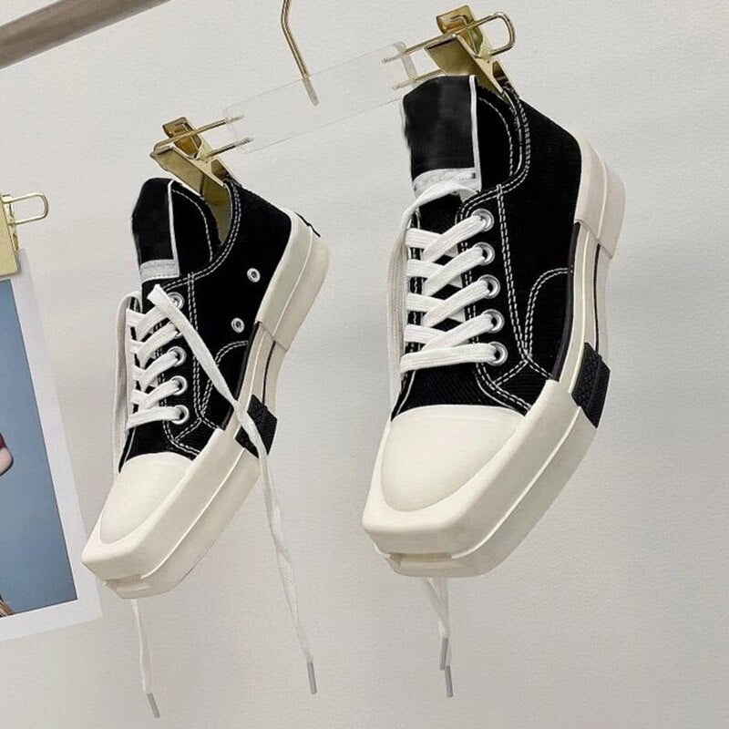 Clacive Black White High Top Square Toe Canvas Shoes Women  New Thick Sole Fashion Board Shoes Low Top Lace Up Casual Tennis Shoes