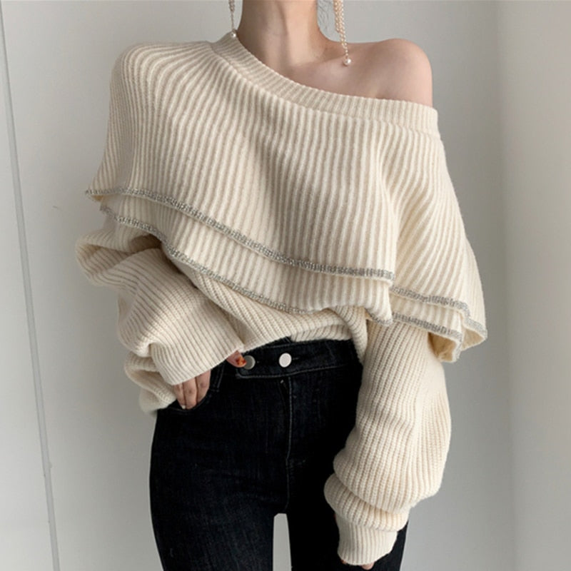 Women Knitted Jumpers Sexy Sweater All-match Off Shoulder Knitwear Tops Casual Loose Korean Style Pullover Female Autumn