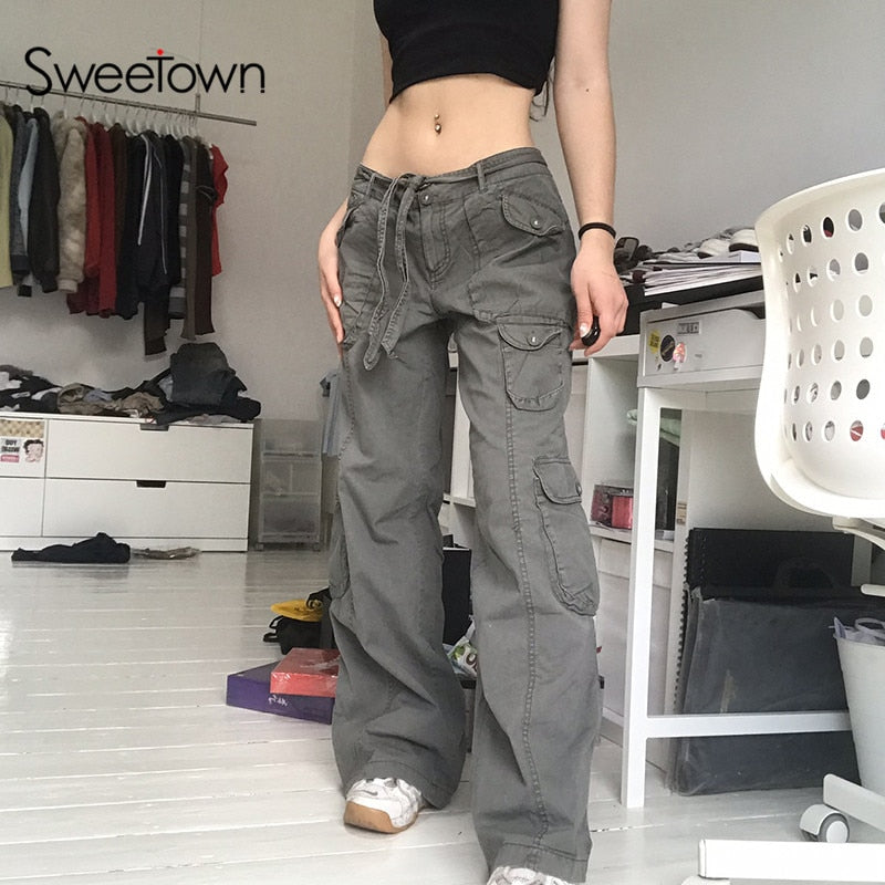Clacive  Grunge Streetwear Cargo Pants Woman Low Waist Baggy Mom Jeans Vintage 90S Hippie Wide Leg Denim Trousers Korean Outfits