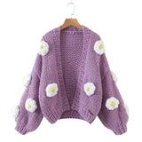Clacive  Autumn Holiday Floral Sweater Hollow Out Long Sleeve Coarse Yarn Cardigan Violet