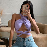Clacive Summer Solid Halter Crop Tops Women Bandage Hole Sexy Backless Strapless Wrap Crop Tops Tanks Vest Skinny Female Top Streetwear