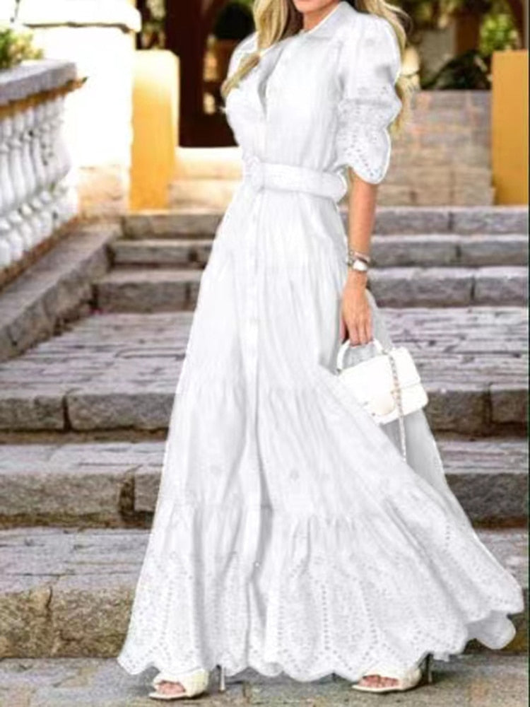 Clacive  White Plain Dress For Women Lapel Loose Half Sleeve Sashes Lace Up Single Breasted Midi Dresses Female  Spring Clothing