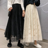 Fall outfits Elastic High Waist Lace Skirts Women Spring Summer Skirt Korean Elegant Casual A-line Black Apricot Long Maxi Skirts X091