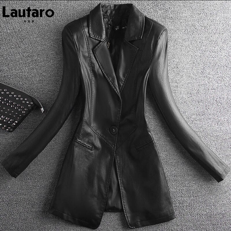Clacive  Spring Elegant Black Light Soft Faux Leather Blazer Long Sleeve Slim Fit Luxury Women Blazers And Jackets Fashion