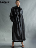 Clacive  Autumn Extra Long Oversized Black Faux Leather Trench Coat For Women Long Sleeve Belt Double Breasted Loose Fashion