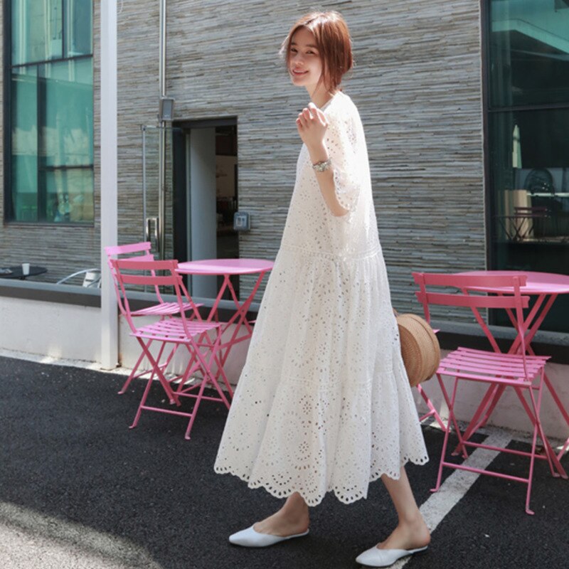 Clacive   Spring New Korean Style Flare Sleeve O-Neck Large Pendulum Solid Color Stitching Cotton Linen Women White Dress