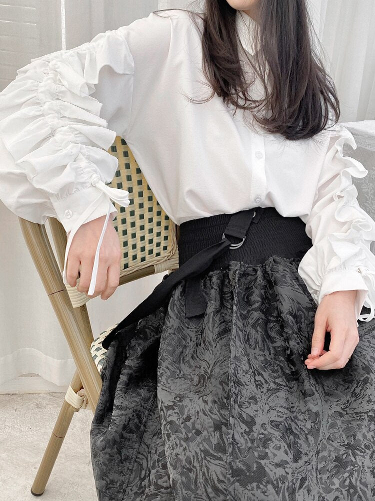 Yoji  Style Japanese Personality Sleeves Ruffled Designer Loose Deconstructed Shirt Female Dark Trendy Y2K