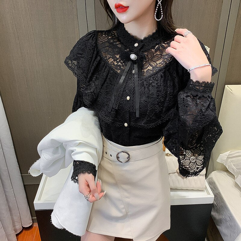 Clacive Elegant Blouse Women's Clothing Spring Autum Shirt Lace Ruffle Office Lady Smock Vintage Chic Woman Social Blouses Evening Party