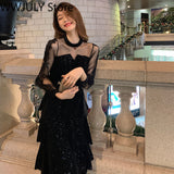 Fall outfits back to school  Winter Evening Party Dress Women Lace Design Korean Fashion Vintage Y2k Midi Dress Long Sleeve Black Cupcake Dress Female