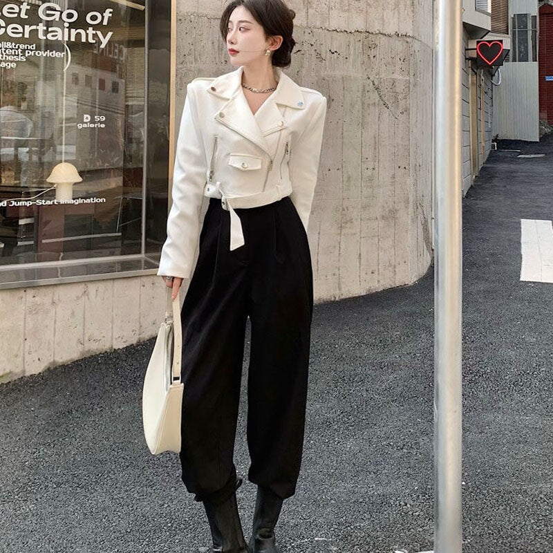 Clacive Korean Fashion Women Black Jacket Zip Up Bomber Jacket Female New Autumn White Long Sleeve Crop Coats Cool