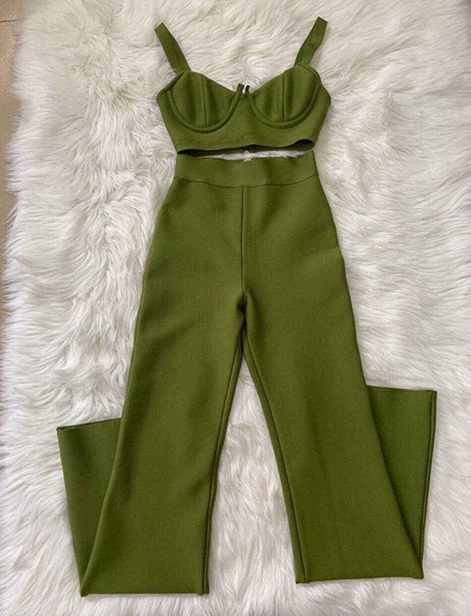 Clacive High Quality  Summer Women Rayon Bandage 2 Two-Piece Set Sexy Sleeveless Short Top And High Waist Flared Pants Bodycon Suit