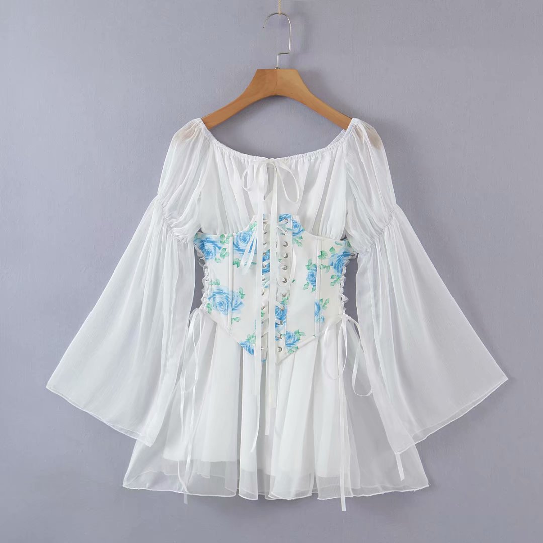Clacive  Autumn Women Long Sleeve Vintage Print White Holiday A-Line Mini Dress