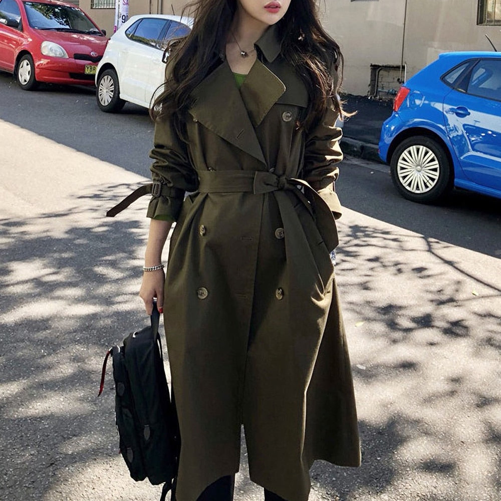 Clacive  Autumn Winter Women's Casual Fashion Green Trench Coat Double Breasted Chic Outwear Long Loose Korean Trench Sashes TR19