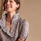 Clacive Floral Print Women Shirt  Autumn Silk Cotton Ruffled Stand-Up Collar Full Lantern Sleeve Shirt