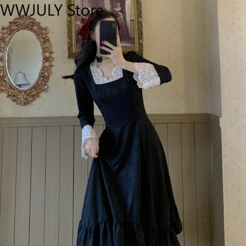 Fall outfits back to school French Vintage Elegant Dress Women Party Long Sleeve Lace Black Y2k Midi Dress  Winter Face Two Piece Dress Korean Fashion