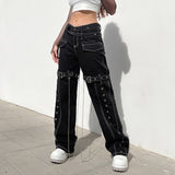 Clacive  Black Streetwear Jean Cargo Pants With Sashes Eyelet Chains Punk Style Denim Trousers Women Low Waist Straight Jeans