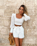 Clacive  Two Piece Set Spring Summer Long Sleeve Blouse Top And Shorts With Sash
