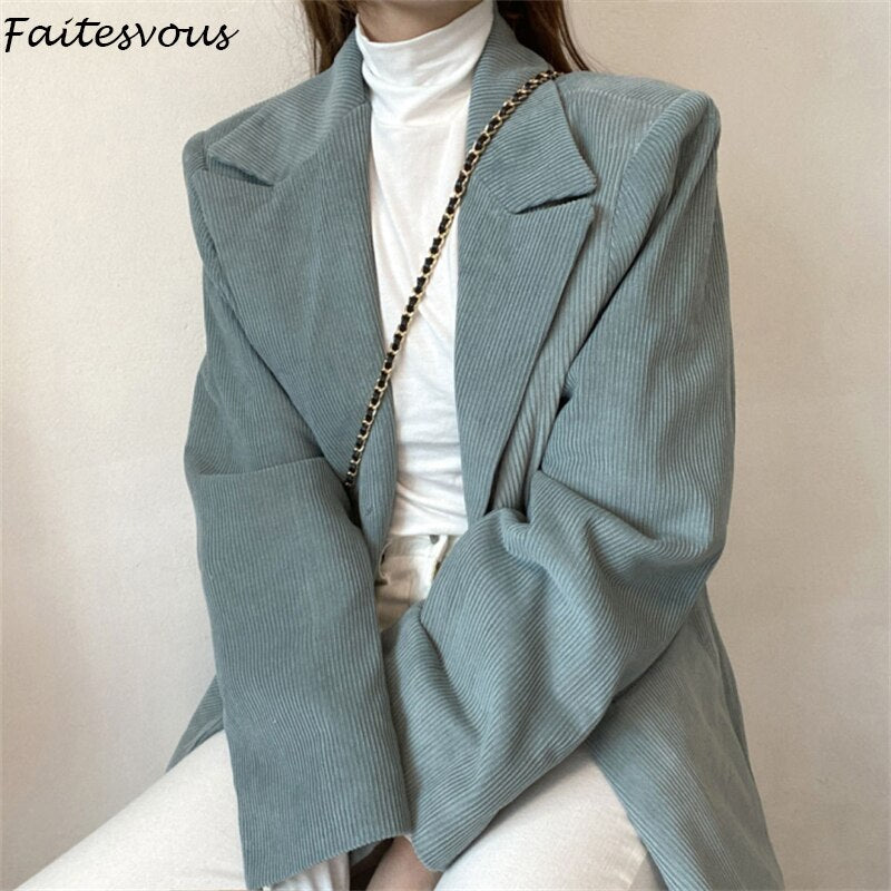 Clacive Korea Corduroy Blazers Women Winter New Lapel Quilted Warm Suit Jacket Autumn Loose Straight Beige Coats Female
