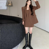 Clacive Vintage Dress Suits Womens Office Outfits Autumn New Loose Blazers 2 Piece Sets With Straps Mini Dresses Woman