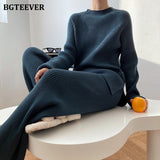 Vintage Women Solid Knitted Set  Autumn Long Sleeve Pullovers & Elastic Waist Pants Ladies 2 Pieces Sweaters Set