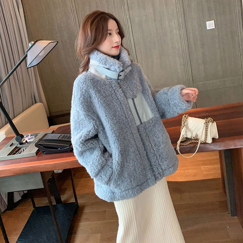 Clacive  Korean Thick Wool Cashmere Coat Women Fashion Stand-Up Collar Faux Fur Outwear Fur All-In-One Motorcycle Jacket Coat