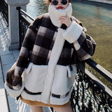 Clacive   Autumn Winter Plaid Jacket Women Elegant Chic Lamb Cashmere Patchwork Overcoat Plush Collar Thick Warm Coat Female