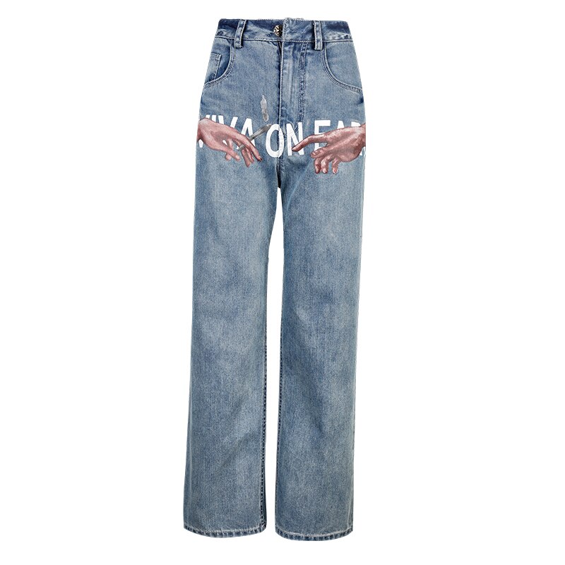 Clacive Straight Jeans Women Fashion Print Baggy High Waist Wide Leg Blue Wash Denim Pants Casual Loose Streetwear  Summer Clothing