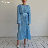Clacive Elegant Blue Casual Women'S Dress  Fashion O-Neck Long Sleeve Office Midi Dress Vintage Chic Loose Female Dress