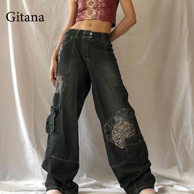 Clacive   Autumn Print Cargo Jeans Women Oversize Pants Grunge Baggy High Waist Jeans Casual Wide Leg Pant Vintage Trousers