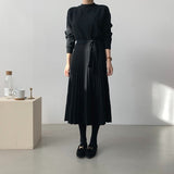 Clacive  Women's Dress For New Year  Knitted A Line Turtleneck Elegant Dresses With Sashes Casual Midi Long Pleated Dress