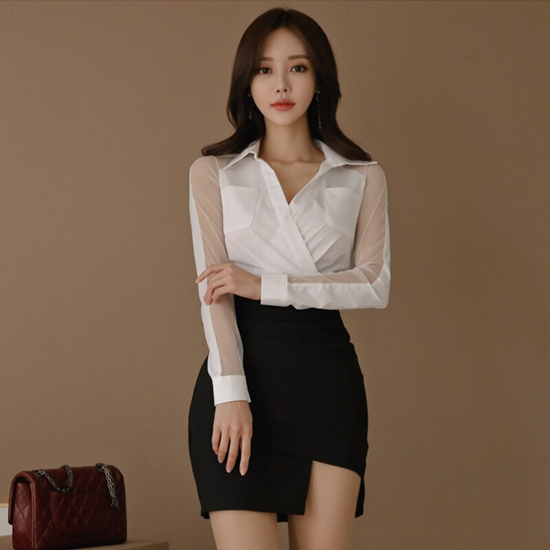 Office Ladies Women 2 Pieces Suits Mesh Patchwork White Shirt Top & Irregular Sheath Bodycon Short Skirt Work Wear Set