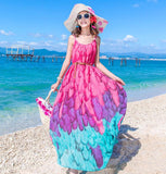 Women's Summer Feather Print Casual Long Chiffon Dress Lady's Sexy Sleeveless Sunscreen Long Beach Vacation Bohemia Dress TB353