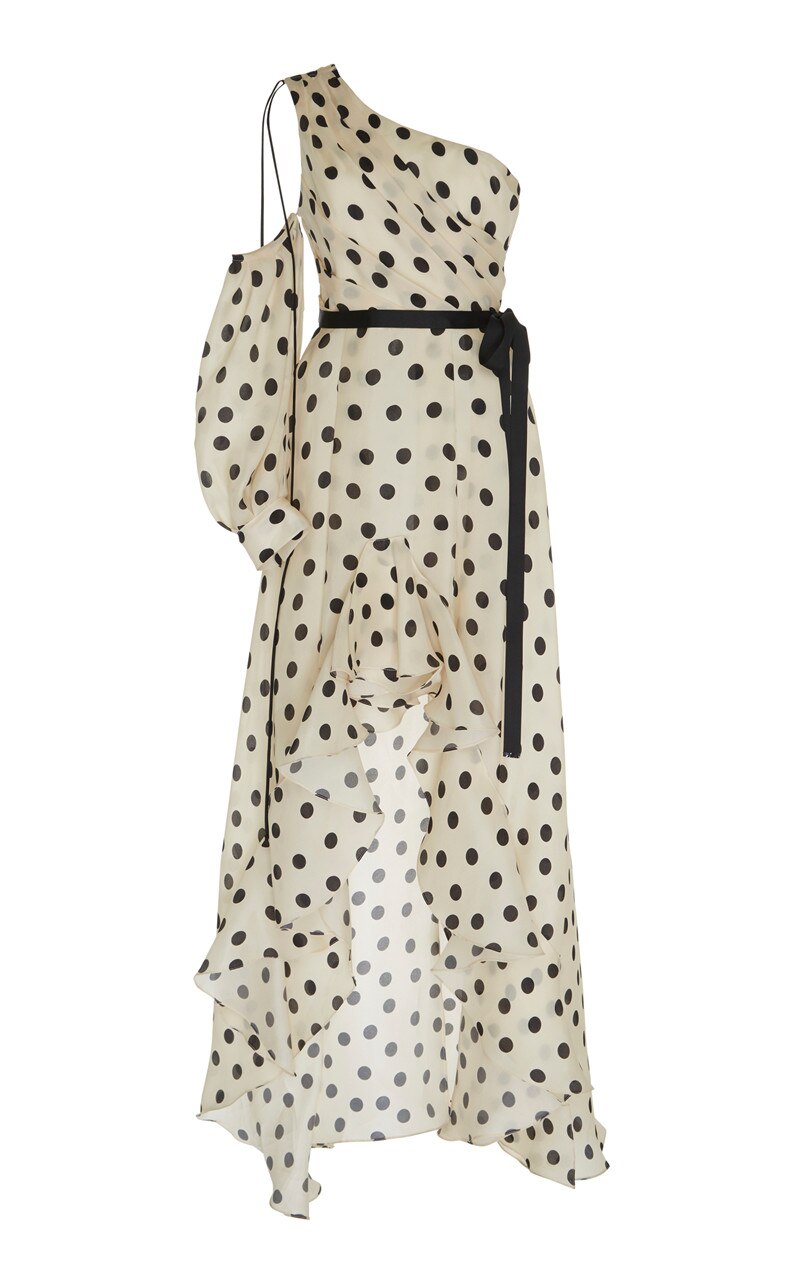 Single Shoulder Long Sleeve Oblique Collar Chiffon Long String Dress Beach Polka Dot Irregular Holiday Women Clothing